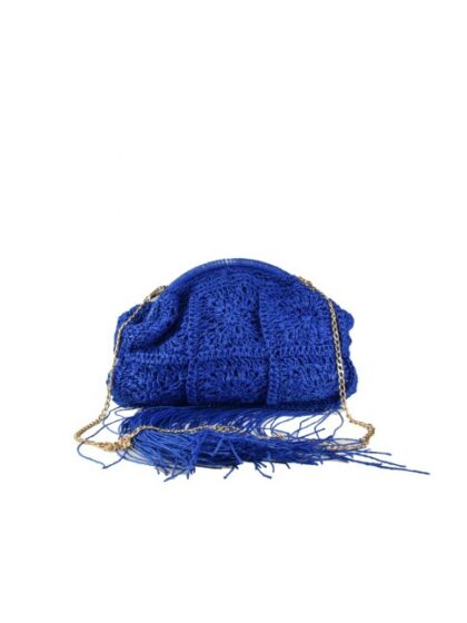 Modische blaue Stoffhandtasche mit Leder- und Raffiabesatz und Schultergurt